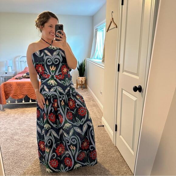 De Loreta Blue Halter Floral Red Maxi Dress XS - Picture 2 of 9